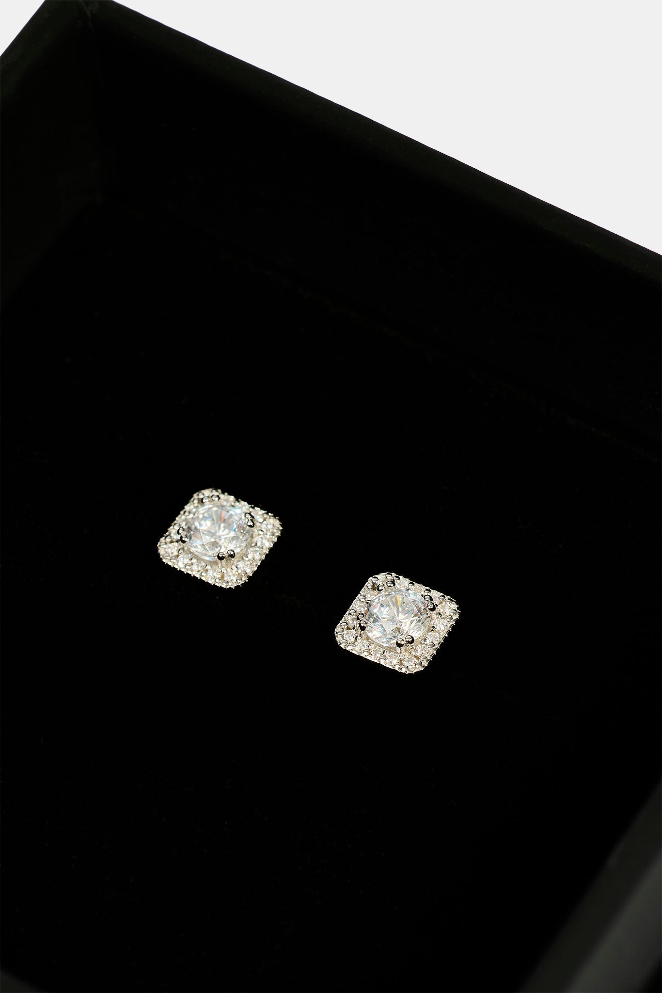 Iced Centre Square Edge Stud Earrings - 6mm - White & Small Premium Gift Box